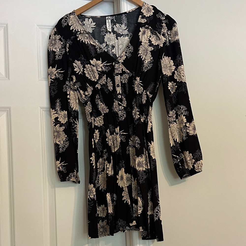American Rag Black and Cream Floral Long Sleeve Dress